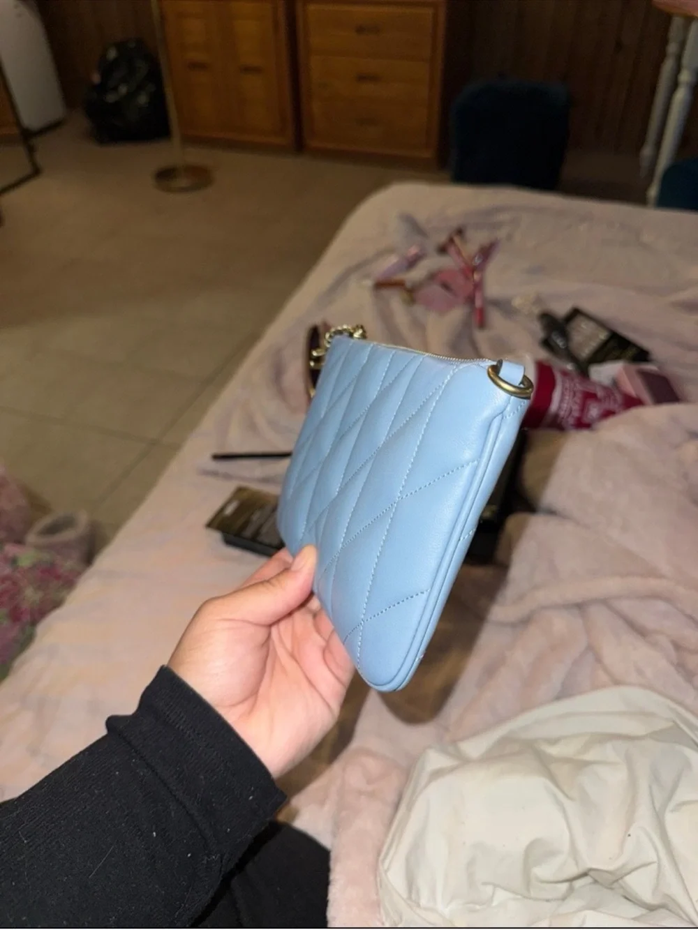 Quilted Light Blue Leather Crossbody Pouch